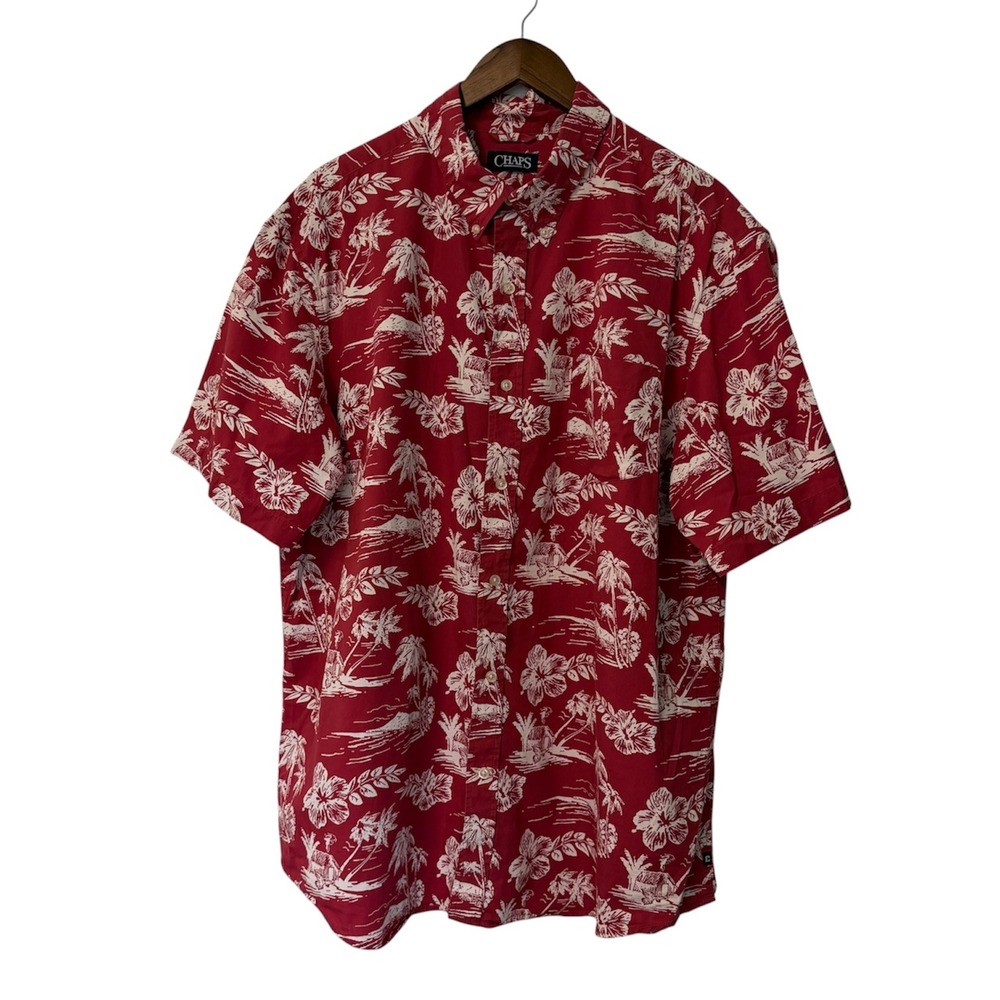 Chaps Button Down‎ Shirt Women XXL Red Tropical Hibiscus Palm Tree Cotton Aloha